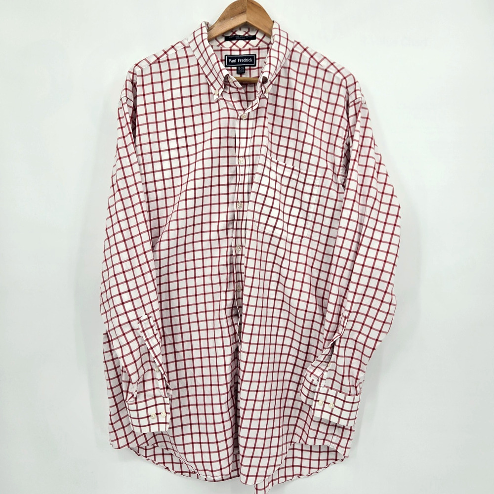 Paul Fredrick Classic Fit Long Sleeve Button Down Shirt Red Tattersall 18-35